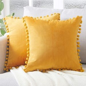 Sunflower Yellow Modern Chic Pompom Fringe Decorative Throw Pillow Cover Set